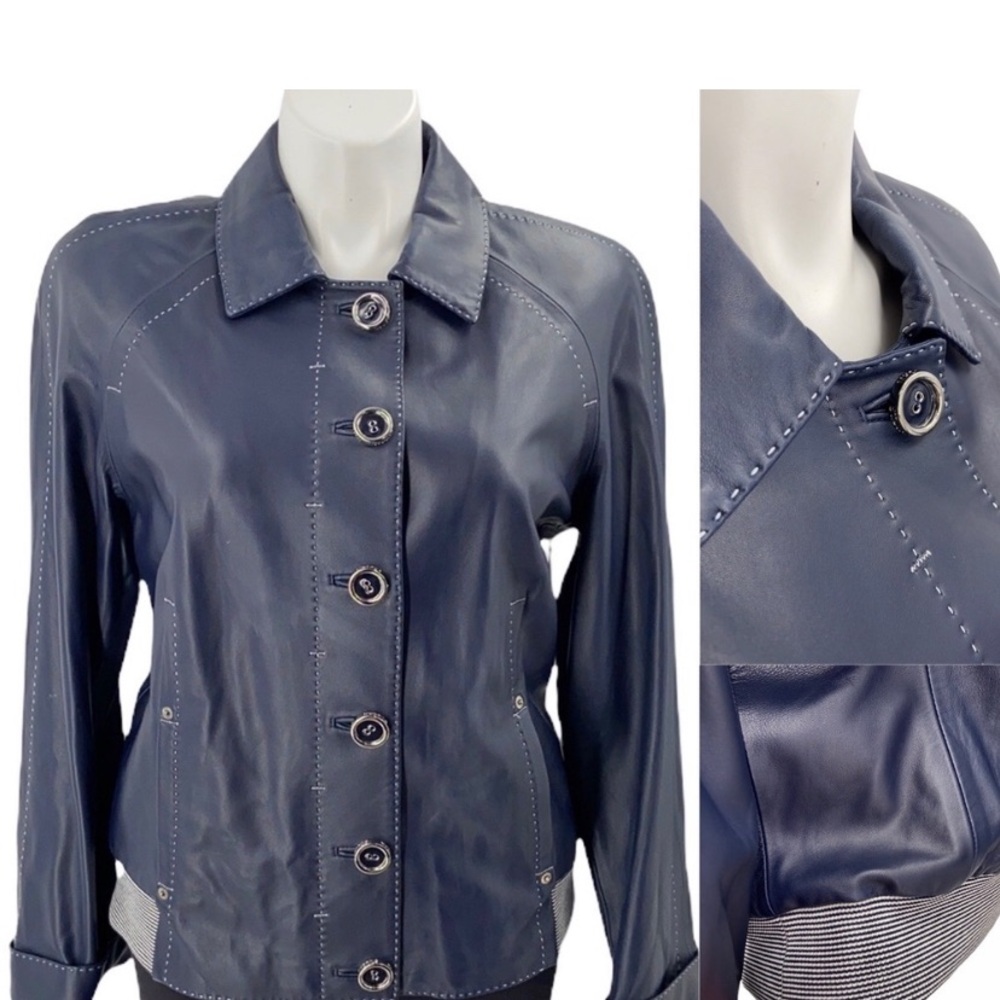 St. John XL blue leather jacket with pockets. Button front